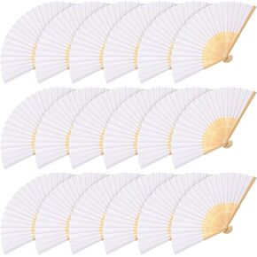 Qunclay 80 Pcs Paper Fans White Bamboo Hand Folding Fan DIY Handheld Blank Fans for Church Wedding Gift Party Favors with Gift Bags
