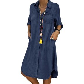 Utcoco Denim Dress for Women 2025 غير رسمية طويلة الأكمام الطويلة الزر كلاسيكية خمر أسفل الفساتين قميص جان مع جيوب