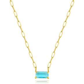 DASIQI Golden Titanium Steel Women Necklace with Pendant. Paperclip C-Link. Rectangular Cubic Zirconia Pendant. Green Blue.