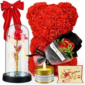 Jibeufi 6 in 1 Romantic Gifts for Her, Flower Rose Bear Birthday Gifts for Girlfriend Women Mom Kids Daughter, Wedding Gifts, Teddy Bear for Women (Rose Red)
