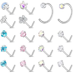 ZS 20G Stainless Steel Nose Rings for Women, Cute Heart L Shape Nose Stud Nose Hoops Ring, CZ Moon Flower Nose Piercing Jewelry Nostril Rings Set