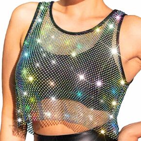 Nicute Mesh Rhinestone Top Black Sparkly Fishnet Top Rave Sheer Cover Up Tops for Women