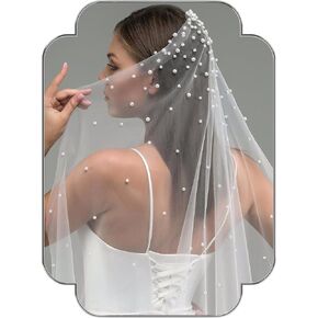 Wedding Veil Pearl Veil 1 Tier White Veils Fingertip Length Bride Headwear Bridal Tulle Veils with Metal Comb for Women Bridal Shower Prom Photography