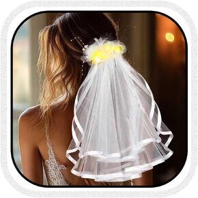 Unsutuo Wedding Veil Light Up Bridal Bachelorette Veils 2 Tiers Short Ribbon Veil with Comb for Women and Girls