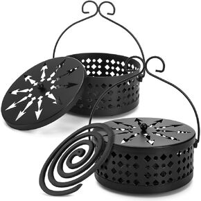 Elsjoy 2 Pack Mosquito Coil Holders, Metal Mosquito Incense Coil Burner Portable Mosquito Incense Holder with Lid and Handle for Home, Outdoor Camping