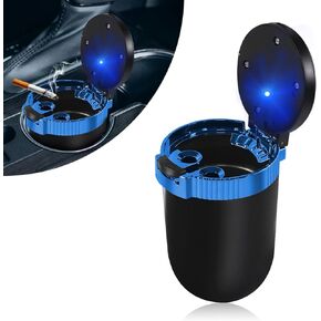 Car Ashtray with Lid, Detachable Stainless Smokeless Ash Tray with LED Blue Light, Mini Portable Trash Can for Vehicle Cup Holder, Universal Interior Car Accessories (Blue)