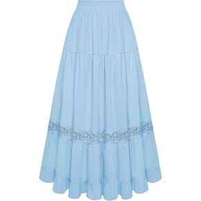 Belle Poque Women's Midi Skirt Boho Flowy Spring Summer Elastic Waist Aline Ruffle Lace Tiered Skirt with Pockets 2025