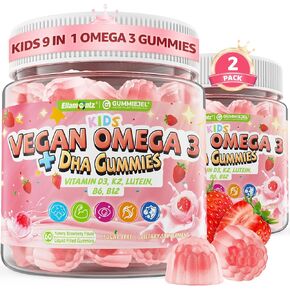 Omega 3 Gummies for Kids 4+, with DHA, Vitamin D3 K2, C, B6, B12, Luetin & Omega 3 6 9, No Fish Taste, Sugar Free Kids Vitamins Gummies, for Brain Bone Eyes Focus Immunity, Fish Oil Alternative, 60Cts