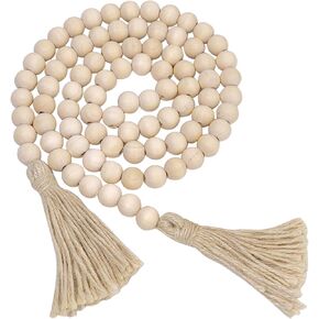 58-Inch Natural Wooden Bead Garland with Tassels - Rustic Farmhouse Boho Decor for Wall Hanging, Living Room, Bedroom, Shelf, Tray, Vase, Coffee Table, Mantel