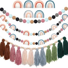 4 Pcs Boho Tassel Garland Colorful Felt Rainbow Pom Pom Garland Wall Hanging Rainbow Bunting Banner for Home Bedroom Office Nursery Dorm Birthday Party Decorations