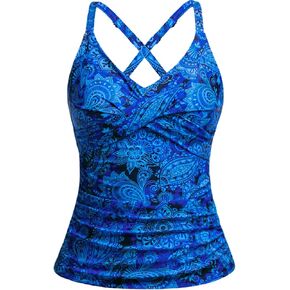 Women Tankini Bathing Suit Top - Plus Size Twist Front V Neck Swim Top Only Blue Paisley Cross Tummy Control Swimsuit 2025 XXL