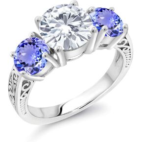 Gem Stone King 925 Sterling Silver Moissanite and Tanzanite 3-Stone Ring | 3.70 Cttw | 3 Stone Wedding Engagement Anniversary Promise Ring For Women | Size 5,6,7,8,9