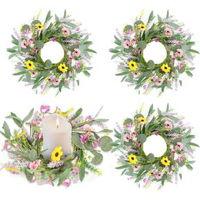 6 Pcs Spring Summer Artificial Flowered Wreath Mini Floral Wedding Candle Rings Wreaths Pillar Candle Holder for Wedding Spring Summer Home Door Tabletop Decoration