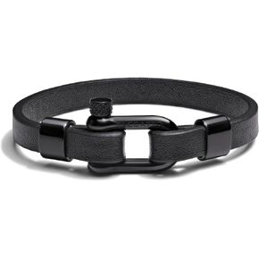 Elegatto Morelle Premium Leather Bracelet for Men | Full-Grain Black Leather with Silver Polished Stainless Steel Shackle Closure | Men’s Designer Jewelry