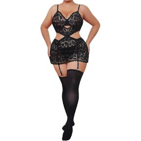 WDIRARA Women's Plus Size 3 Piece Lingerie Set Lace Sheer Cut Out Underwire Nightgown with Thong and Stockings