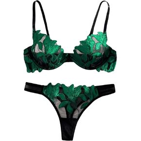 Floerns Women's Floral Embroidery Sheer Mesh Underwire Bra and Panty Lingerie Set