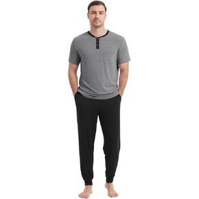 NACHILA Men's Pajamas Set-Viscose Made from Bamboo, Henley Neck Pj Top with Pants Sets Short Sleeve Sleepwear Soft Loungewear