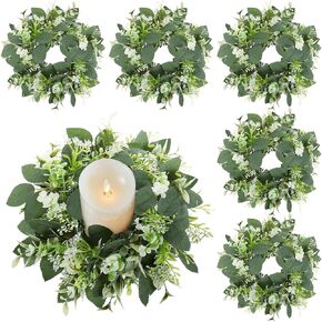 6PCS Artificial Eucalyptus Leaves Wreaths Candle Rings Wreaths Summer Greenery Garland Pillar Holder for Home Wedding Party Table Centerpiece Green