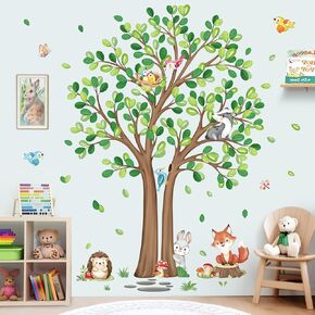 decalmile Woodland Animals Large Flower Tree Wall Decals Cherry Blossom Deer Fox Wall Stickers Baby Nursery Kids Bedroom Living Room Wall Decor