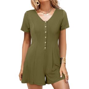 Glamaker Summer Rompers for Women - Casual Short Sleeve V Neck Beach Vacation Romper Loose Short Jumpsuit with Pockets