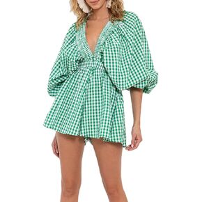 Women's Long Puff Sleeve Short Romper Summer Cute Deep V Neck Flowy Tropical Beach Vacation Playsuit Resort Wear 2025