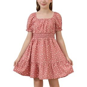 GORLYA Cute Girls Floral Print Puff Sleeve Square Neck Shirred Ruffle Hem Summer Babydoll Dress 6-14Y