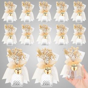 12 Set Holy Clear Water Bottle with Fake Floral Acrylic Sheet and Bow 50ml Glass Water Bottle for Holy Communion Favor Empty Holy Container for Church Party Favors Gift