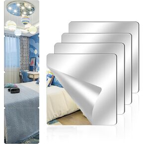 4 Pack Acrylic Mirrors for Wall,8" x 8" Self Adhesive Frameless Small Mirror Tiles, Flexible Plastic Mirror Sheets for Home Wall Decor Bedroom Gym DIY (4, 8" x 8")