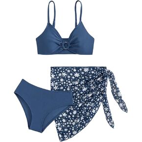 Girl's 3 Piece Swimsuit Sets O Ring Wireless Bathing Suit with Ditsy Floral Mesh Cover Up Skirt