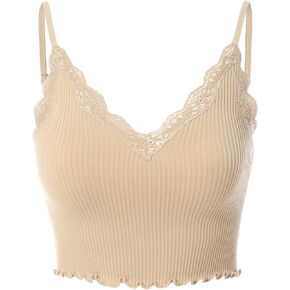 MixMatchy Women's Sexy Lace Trim Crop Camisole Top V-Neck Ribbed Knit Bralette with Ruffles Y2K Summer Strappy Tank Top