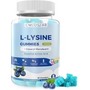 L-Lysine Gummies 1000mg with Glyceryl Monolaurin, Supports Oral & Gut Health, Immune Booster for Adults & Kids, Sugar-Free, Gluten-Free, Non-GMO, Vegan, Blueberry Flavor, 60 Count