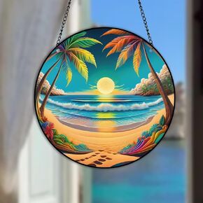Sunset Beach Stained Window Hangings Panels Coconut Tree Beach Sea View Window with Chain Hook for Home Decor Mom Grandma Birthday Mother's Day Housewarming Gift