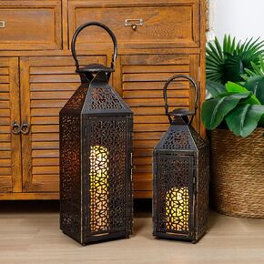 JHY DESIGN Set of 2 Vintage Decorative Candle Lanterns 19"&14''H Moroccan Metal Candle Holders with Hollow Pattern for Garden Porch Shelf Indoor Outdoor Parties Weddings Patio(Black Brushed Gold)