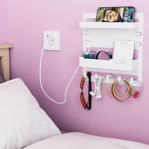 SUOXING Bedside Wall Organizer for Bedroom,Rv,Small Rooms,Nightstand and Bedside Wall Shelf for Earphone,Glasses,Remote Control,Phone Charging Shelf,Dorm Decor for College Girls and Teen Girl,White