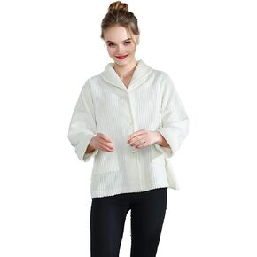 Loungees Women's Drop Needle Coral Fleece Shawl Collar Button Front Bed Jacket - 1X Ivory
