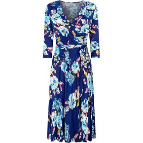 Women's #MadeInUSA 3/4 Sleeve Faux Wrap Midi Dress Knee Length Summer Wedding Guest Party Bridal Baby Shower Maternity Nursing Navy S