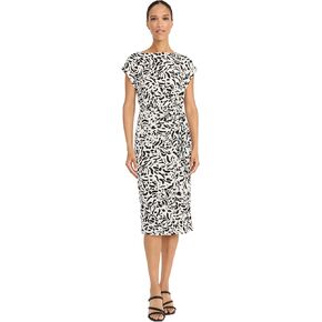 Maggy London Women's Side جمعت غلاف CAP Bateau Neck-Abstract Print Silhouette-Midi Guest Dress