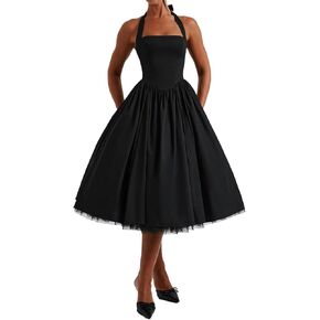 Women Halter Midi Dress Corset Back Layered Tuller Skirt Sleeveless Swing Cocktail Prom Formal Dresses