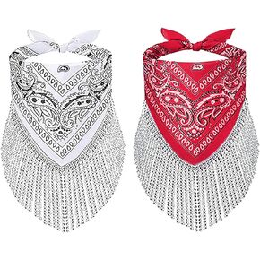 Holiberty Rhinestone Fringe Bandana Mask Paisley Western Cowboy Sqaure Scarf Head Wrap Disco Rave Party Bachelorette Bandanas