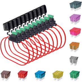 10PCS 14 AWG Inline Fuse Holder ATC/ATO, Waterproof 14 Gauge Wiring Harness Blade Fuse Holder with 50 Standard Automotive Replacement Fuses, 1A/2A/3A/4A/5A/7.5A/10A/15A/20A/30A for Marine