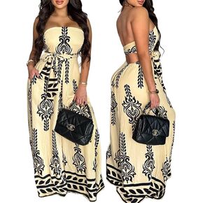 CHICME Womens Boho Jumpsuits Floral Print Strapless Tube Top Romper Tied Detail Wide Leg Casual Overalls with Pockets