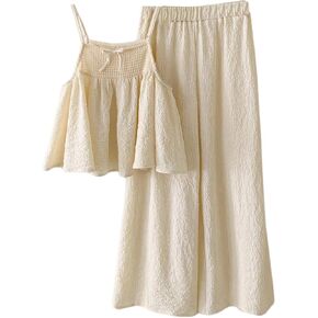 MakeMeChic Girl's 2 Summer Outfit Ruffle Knot Cami Top and Wide Leg Pant Set Vacation