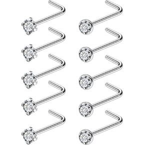 Ruifan ASTM F136 Titanium Nose Rings 18G 20G 22G Jeweled Clear CZ Nose Studs Ring Screw L-Shaped Bone Hypoallergenic Nostril Body Piercing Jewelry for Women 1.5mm 2mm 2.5mm 3mm 10PCS