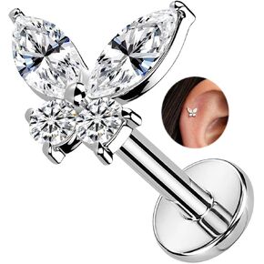 1Pcs 14K White Gold Cartilage Earring for Women, 16G Threadless Flat Back Top Push in, Butterfly Tragus Helix Labret Lip Stud Piercing Jewelry