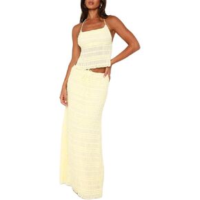 Women 2 Piece Chiffon Sets Shirred Halter Neck Tie-Up Tank Tops and Ruched Ruffle Maxi Skirt Streetwear