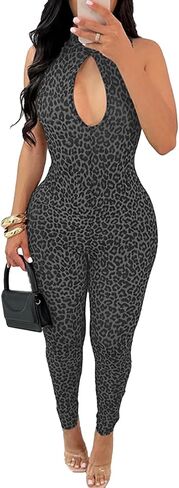 Molilove Women's Sexy Cheetah Print Jumpsuits Sleeveless Hollow Out Top Bodycon Pant Romper Y2K One Piece Outfits in Saudi Arabia