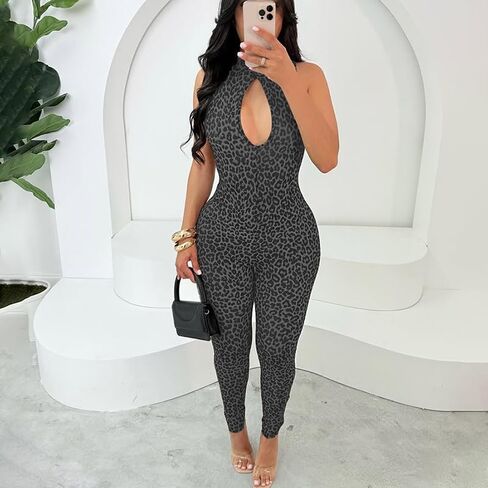 Molilove Women's Sexy Cheetah Print Jumpsuits Sleeveless Hollow Out Top Bodycon Pant Romper Y2K One Piece Outfits in Saudi Arabia
