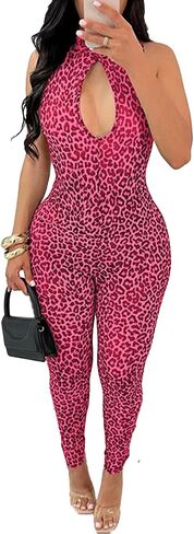 Molilove Women's Sexy Cheetah Print Jumpsuits Sleeveless Hollow Out Top Bodycon Pant Romper Y2K One Piece Outfits in Saudi Arabia