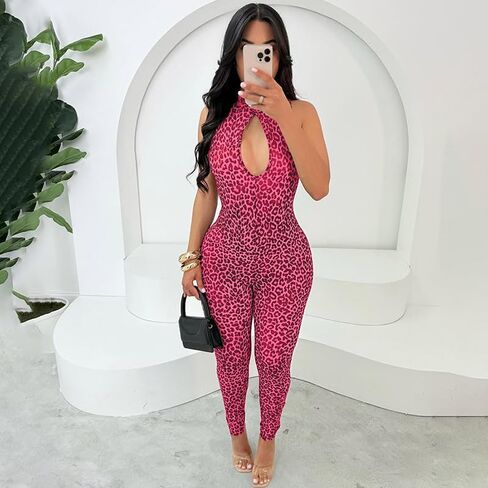 Molilove Women's Sexy Cheetah Print Jumpsuits Sleeveless Hollow Out Top Bodycon Pant Romper Y2K One Piece Outfits in Saudi Arabia