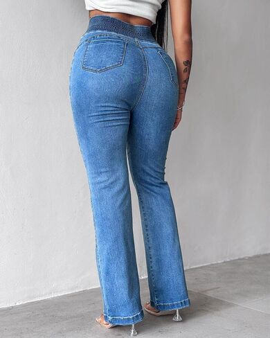 CHICME Women's High Waisted Jeans Stretchy Bootcut Pants with Elastic Waistband Denim Pants for Women in Saudi Arabia
